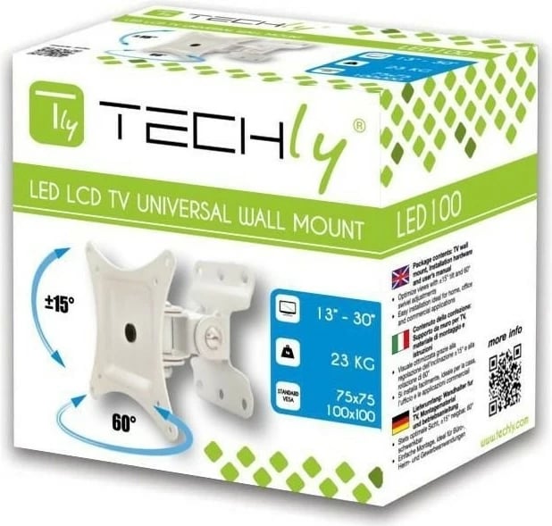 Mbajtëse muri për TV Techly 023868, për LCD/LED 13-30 inç, 23 kg, VESA, Bardhë
