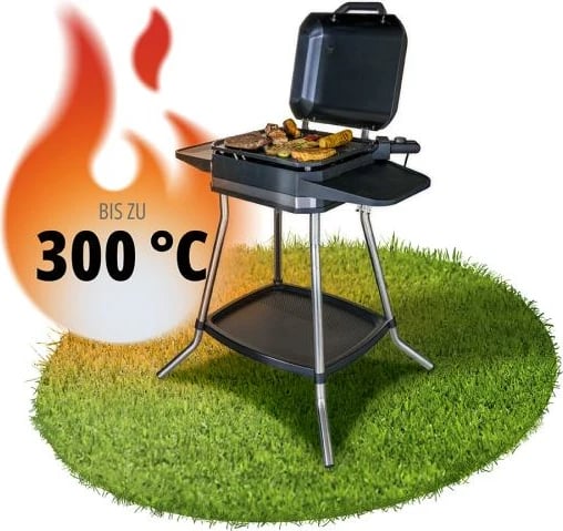 Grill elektrik 2‑në‑1 me këmbë dhe tavoline, Unold Jimmi 58585, deri 300°C, pllakë jo‑ngjitëse me faqe të lëmuara dhe të brinjëzuara, i zi