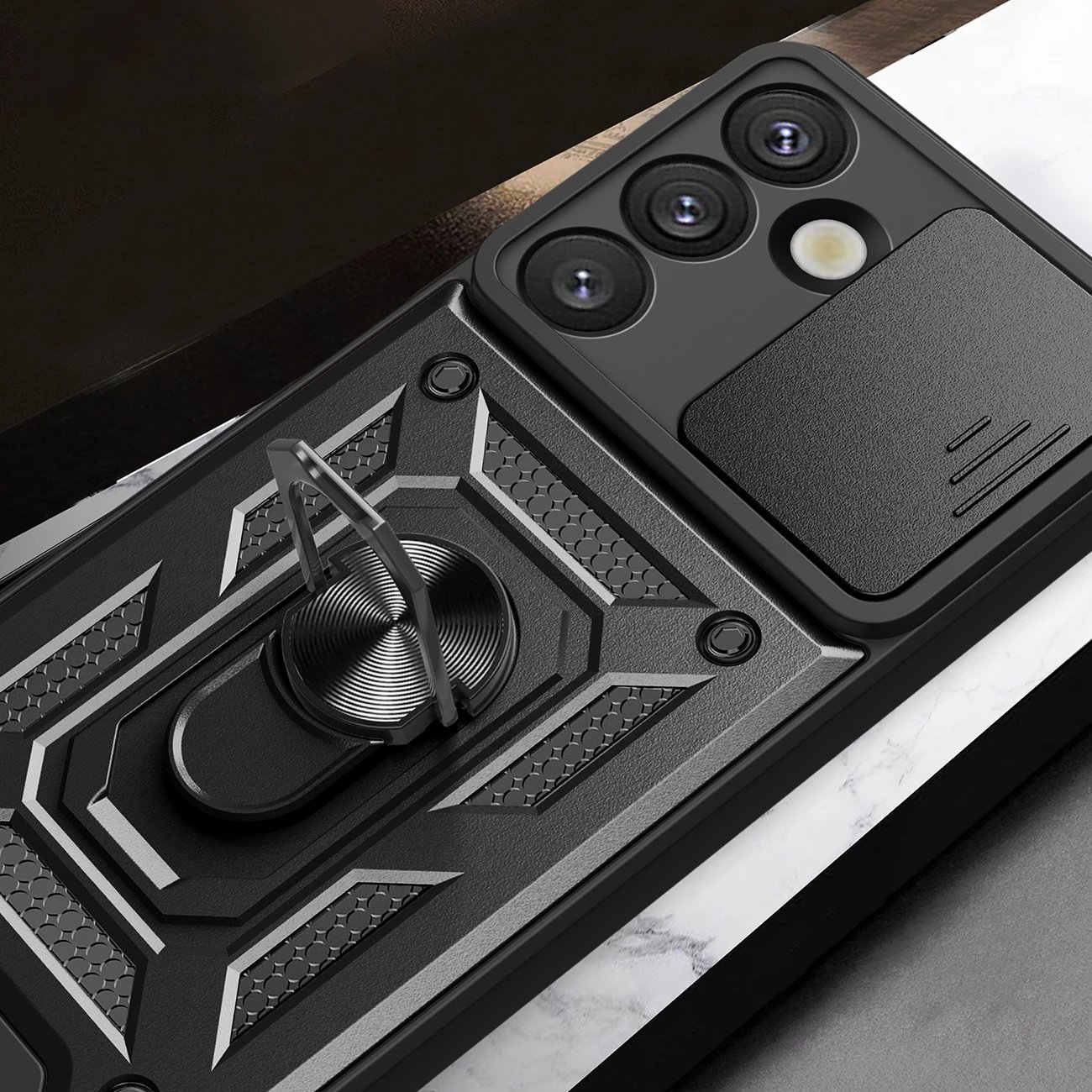 Mbështjellës Hurtel Hybrid Armor Camshield për Samsung Galaxy M16 5G / F16 5G, me stand dhe kapak kamere, i zi