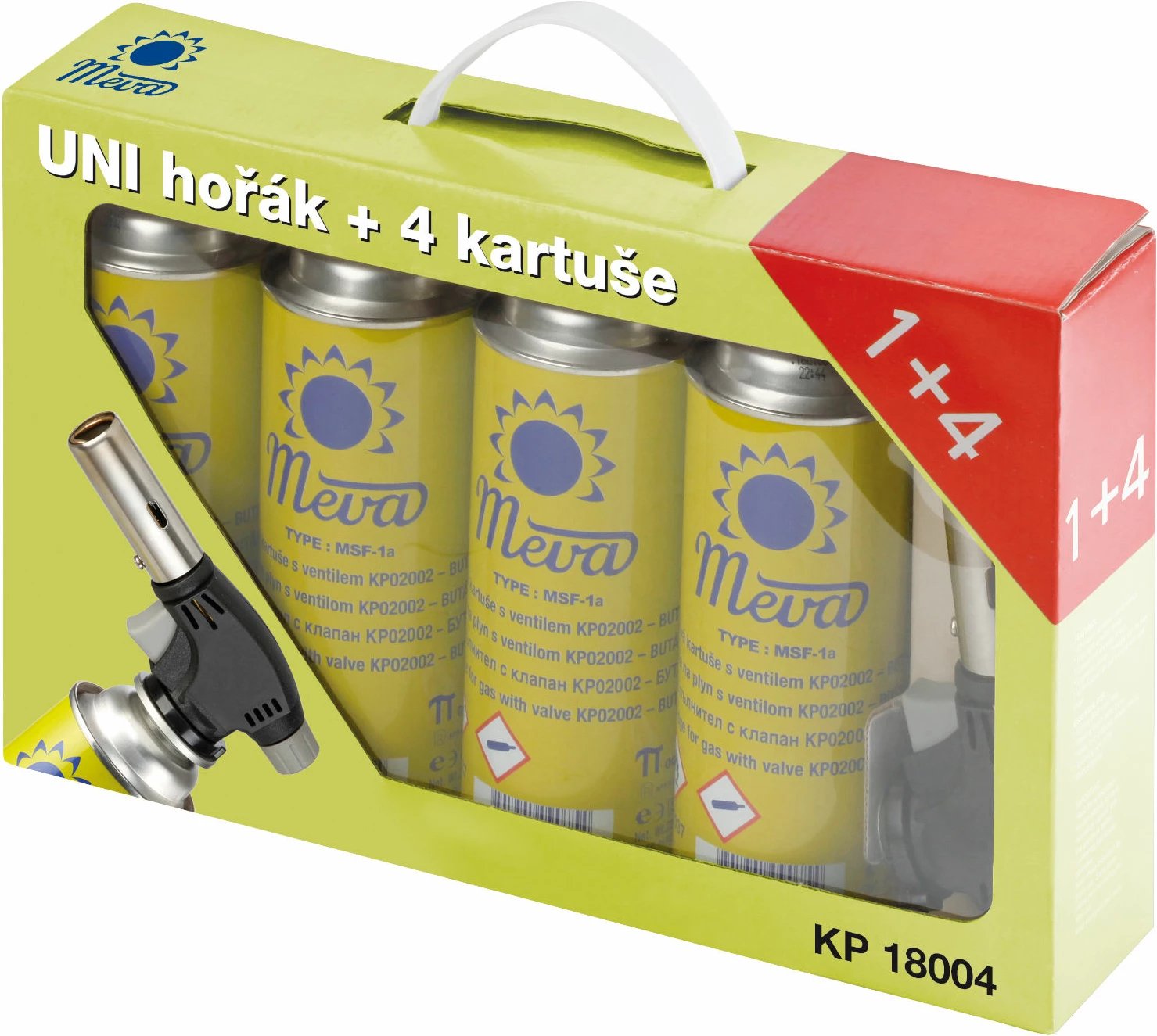 Set djegës gazi Meva KP18004 me ndezës piezo dhe 4 bombola, 1.6 kW