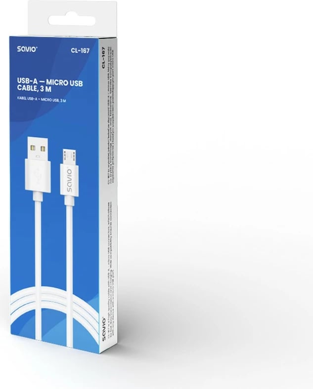Kabllo USB-A në micro USB Savio CL-167, 3m, Bardhë
