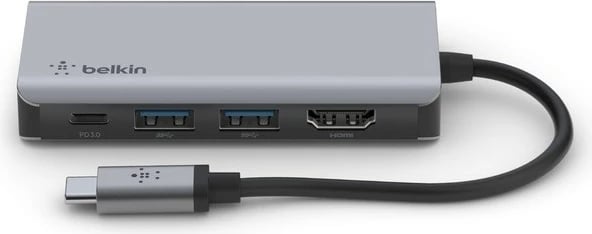 Adapter multiport USB-C 4-në-1 Belkin AVC006btSGY, 12.5 cm, Gri