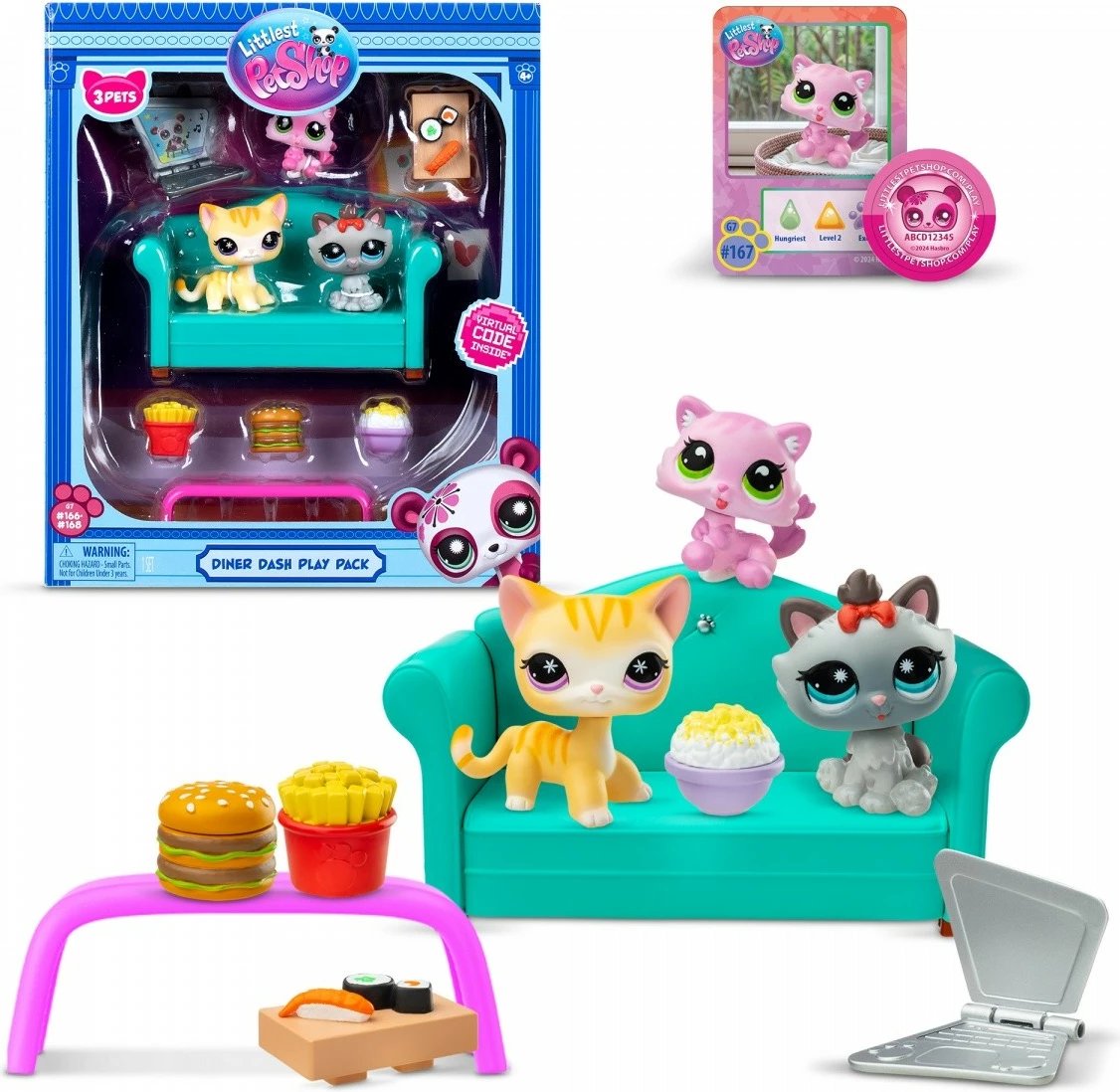 Set figurina, Littlest Pet Shop, LPS00636 Diner Dash Play Pack Snack Time, 3 kafshë + 7 aksesorë, me kod virtual