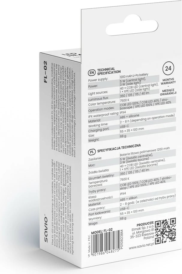 Llambë koke Savio FL-02, LED, 350 lm, sensor lëvizjeje, USB-C, e zezë