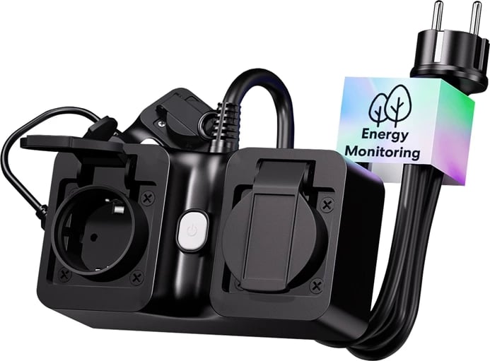 Zgjatës i mençur Wi‑Fi, Meross, MOP320MA-EU, 2 dalje të kontrollueshme veç e veç, Matter, IP44, 16A 3680W, kabllo 1.5 m, e zezë