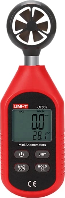 Anemometër dixhital, UNI-T UT363, 0-30 m/s, matje temperature -10–50°C, MAX/AVG, Data Hold, LCD me ndriçim