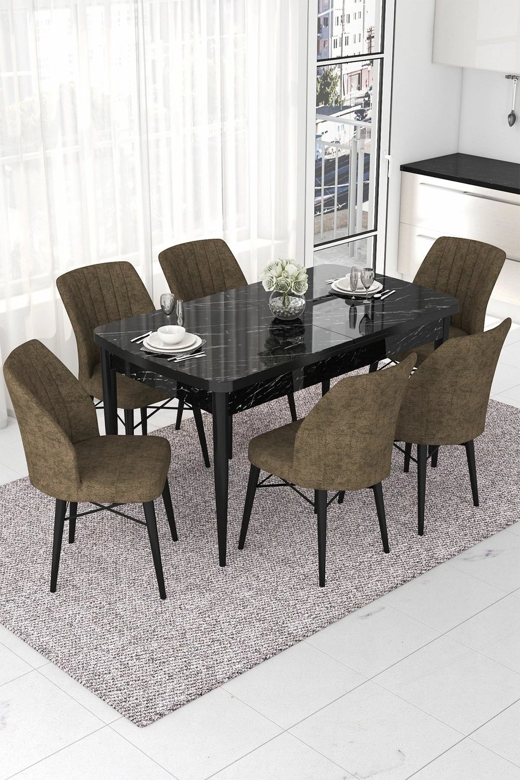 Tavolinë me karrige, zgjatshme, 7 copë, Skye Decor, ngjyrë mermeri të zi, kafe