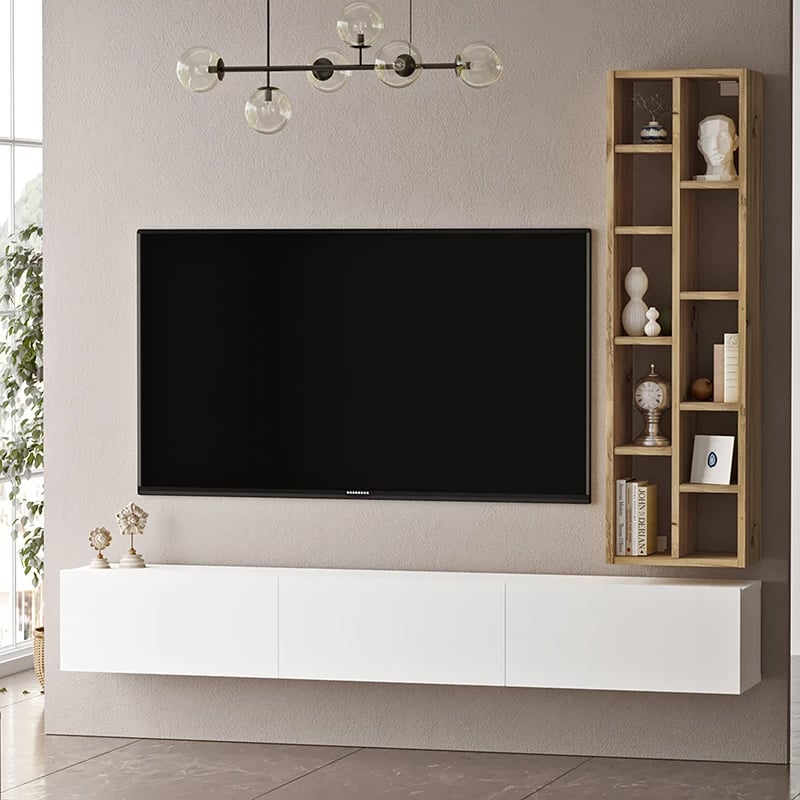 Njësi muri për TV Esmeralda, ngjyrë bardhë-natyrale, 74.5x27x145cm