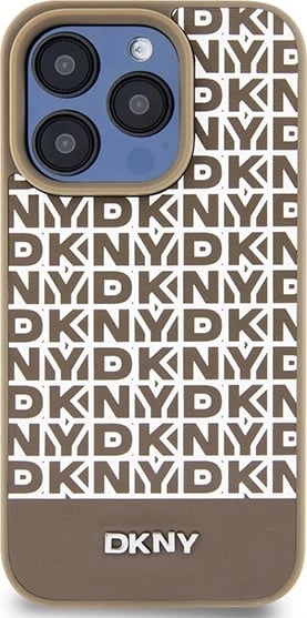 Mbështjellës DKNY Leather Printed Pattern Metal Logo MagSafe për iPhone 15 Pro, Kafe
