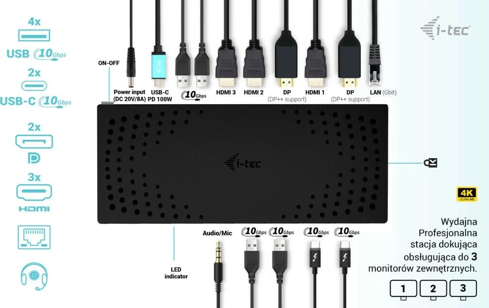 Stacion dokimi i-tec CATRIPLE4KDOCKPD2, 3x 4K, USB 3.0/USB-C/Thunderbolt, 100W, i zi