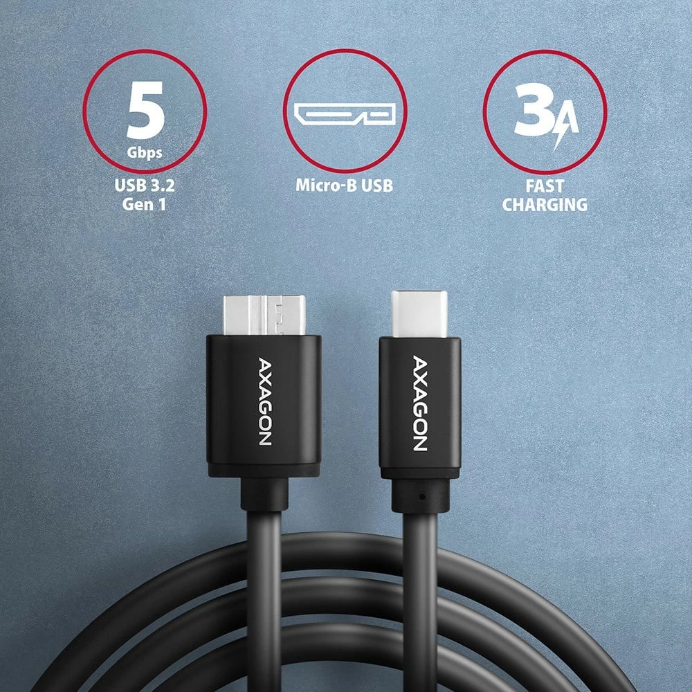 Kabllo AXAGON BUMM3-CM10AB, Micro-B USB në USB-C, 1m, 3A, e zezë