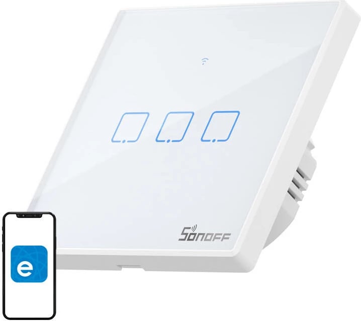 Switch i mençur Sonoff T2 EU TX, 3-kanalësh, WiFi + RF 433, i bardhë