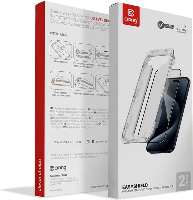 Xham i temperuar CRONG EasyShield 2-Pack për iPhone 16 / iPhone 15, 2 copë, kornizë e zezë