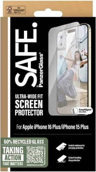 Mbështjellës ekrani PanzerGlass SAFE, për iPhone 16 Plus 6.7", Ultra-Wide Fit