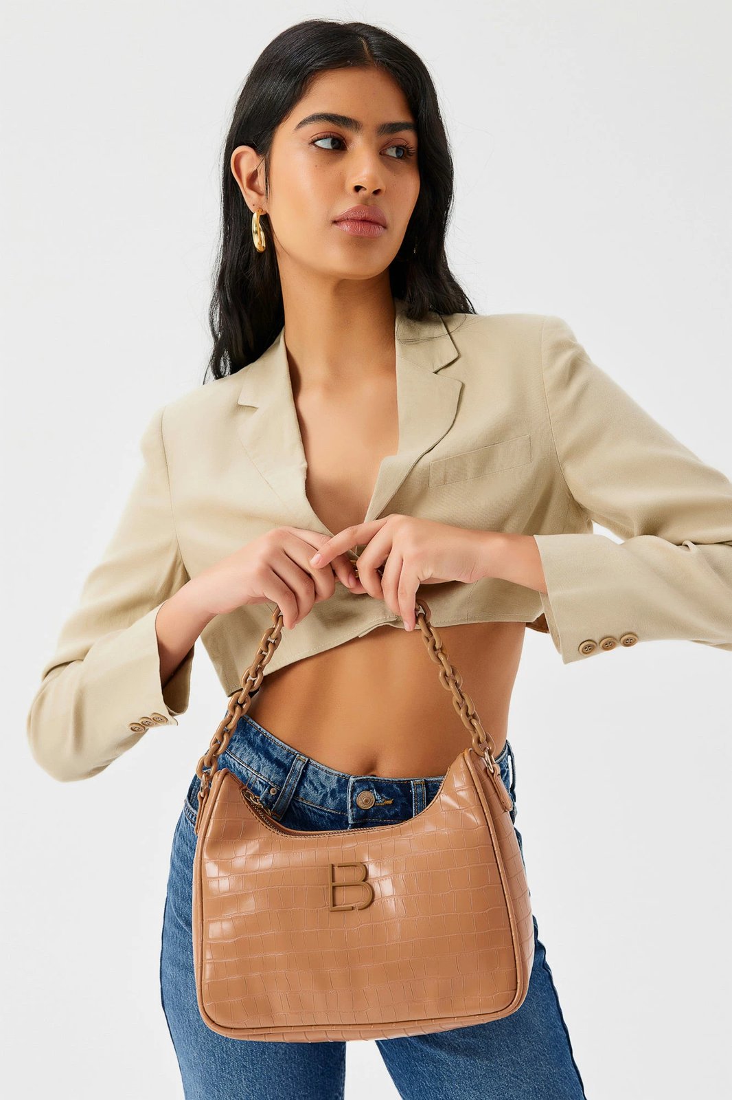 Çantë shpatulle Lucky Bees, ngjyrë tan, model Croco, 27x10x20cm