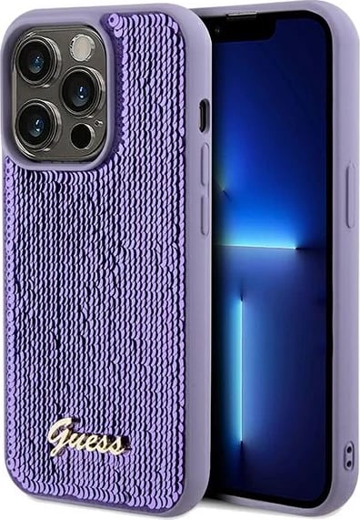 Mbështjellës Guess Sequin Script Metal për iPhone 14 Pro Max, vjollcë