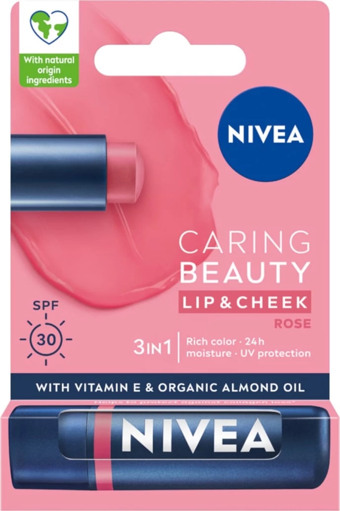 Buzëkuq për femra Nivea Caring Beauty Nourishing Lipstick 3-in-1 Rose, 4.8g