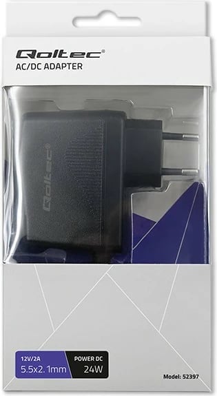 Kasë furnizimi Qoltec 52397, 24W, 12V, 2A, 5.5x2.1mm, e zezë