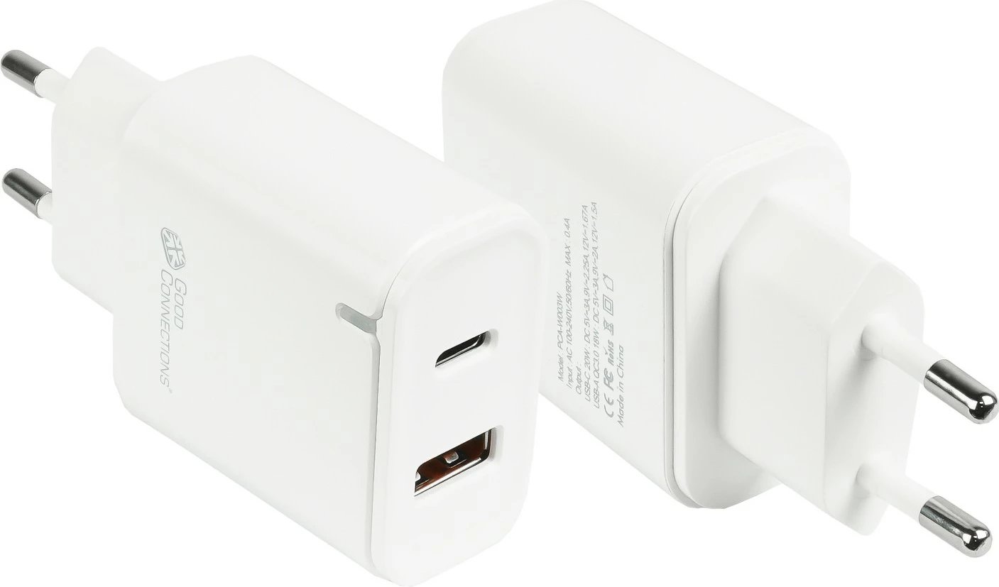 Karikues i shpejtë USB 20W, 2-port (1x USB A, 1x USB C™), PD 3.0, bardhë, Good Connections®