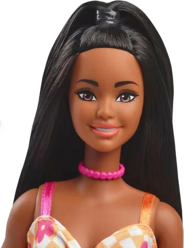 Kukull Barbie Fashionistas Mattel FBR37/HYT91, fustan portokalli me motive lulesh