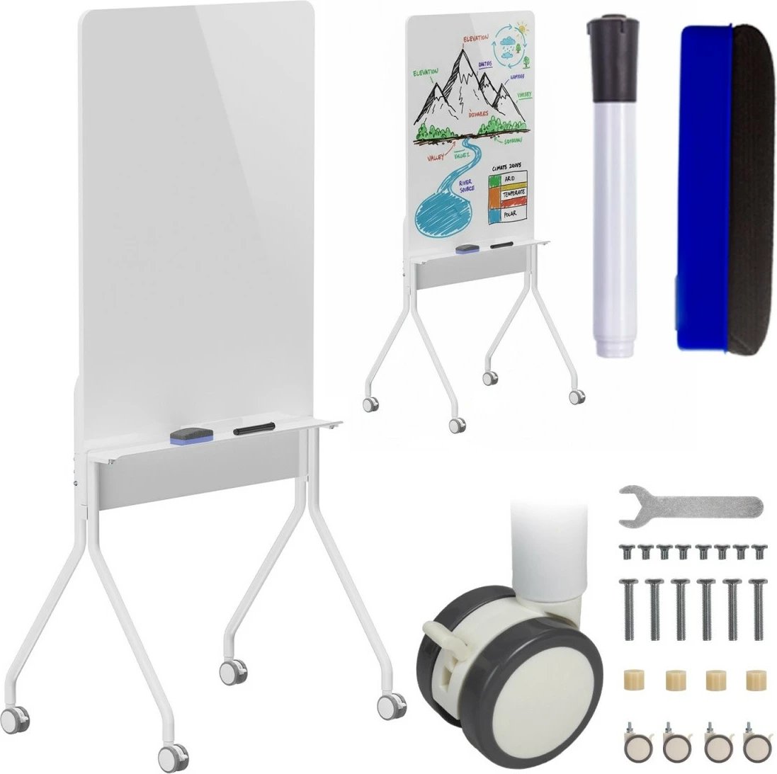 Tabelë shkrim-fshirëse, Ergo Office, ER-305, 119x79 cm, lëvizëse me rrota, jo magnetike, orientim vertikal, me marker dhe sfungjer, e bardhë