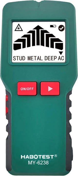 Detektor shumëfunksional Habotest MY6238 4‑në‑1, zbulim metal/druri/AC/zbrazëti, ekran LCD 43×33 mm, me bateri 9V dhe etui