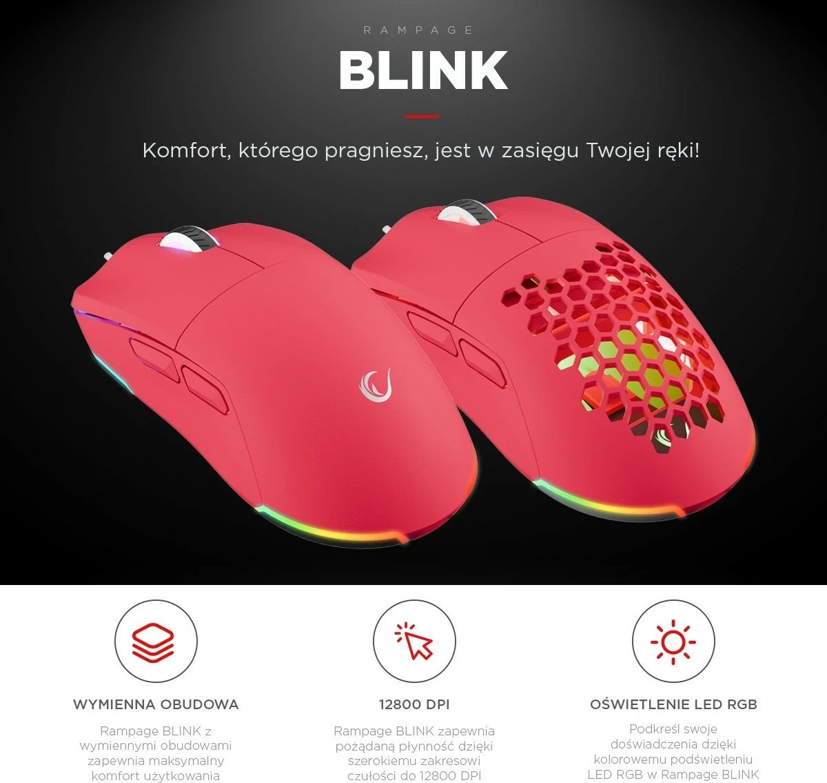 Maus gaming Rampage BLINK, USB, 12800 DPI, RGB, sensor optik, rozë