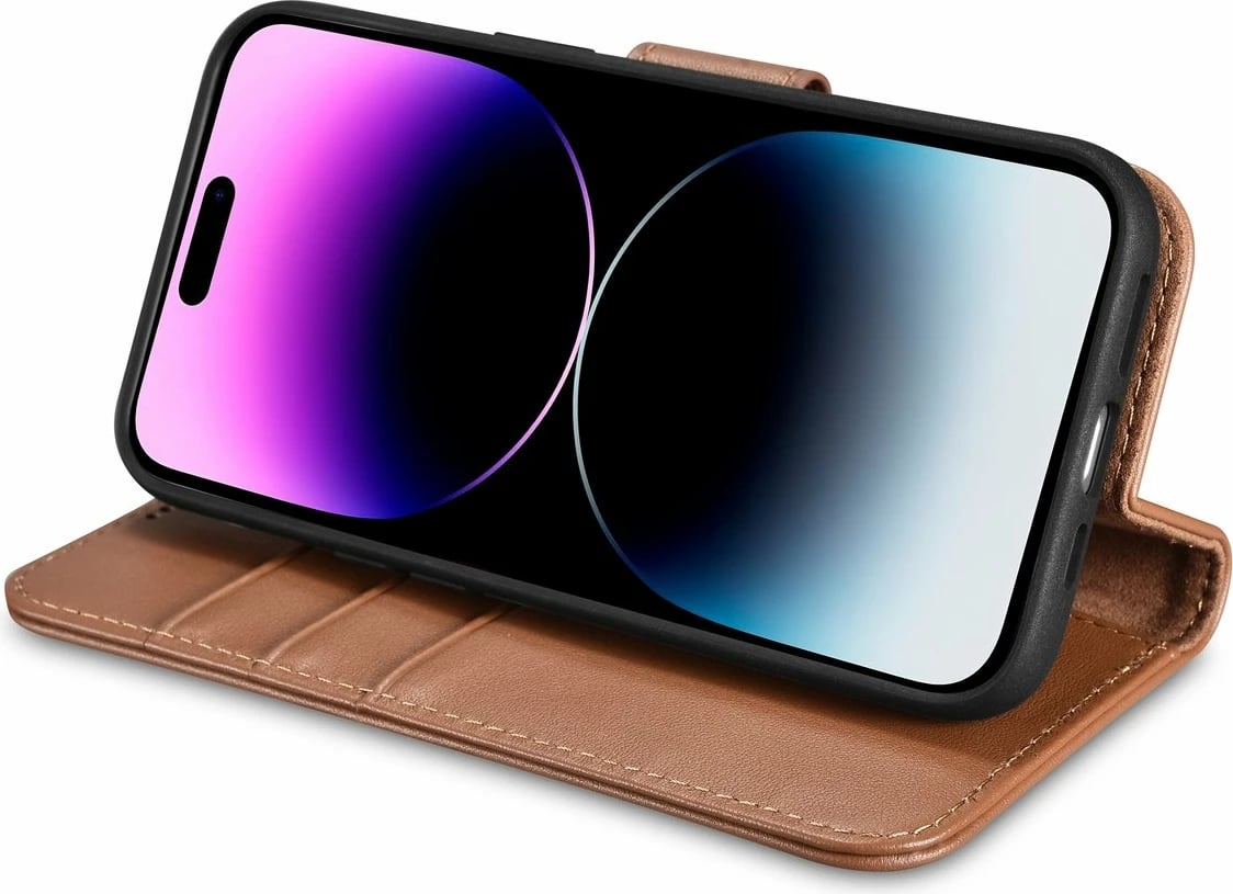 Mbështjellës iCarer Wallet Case 2in1 për iPhone 14 Pro, lëkurë natyrale, Anti-RFID, Kafe