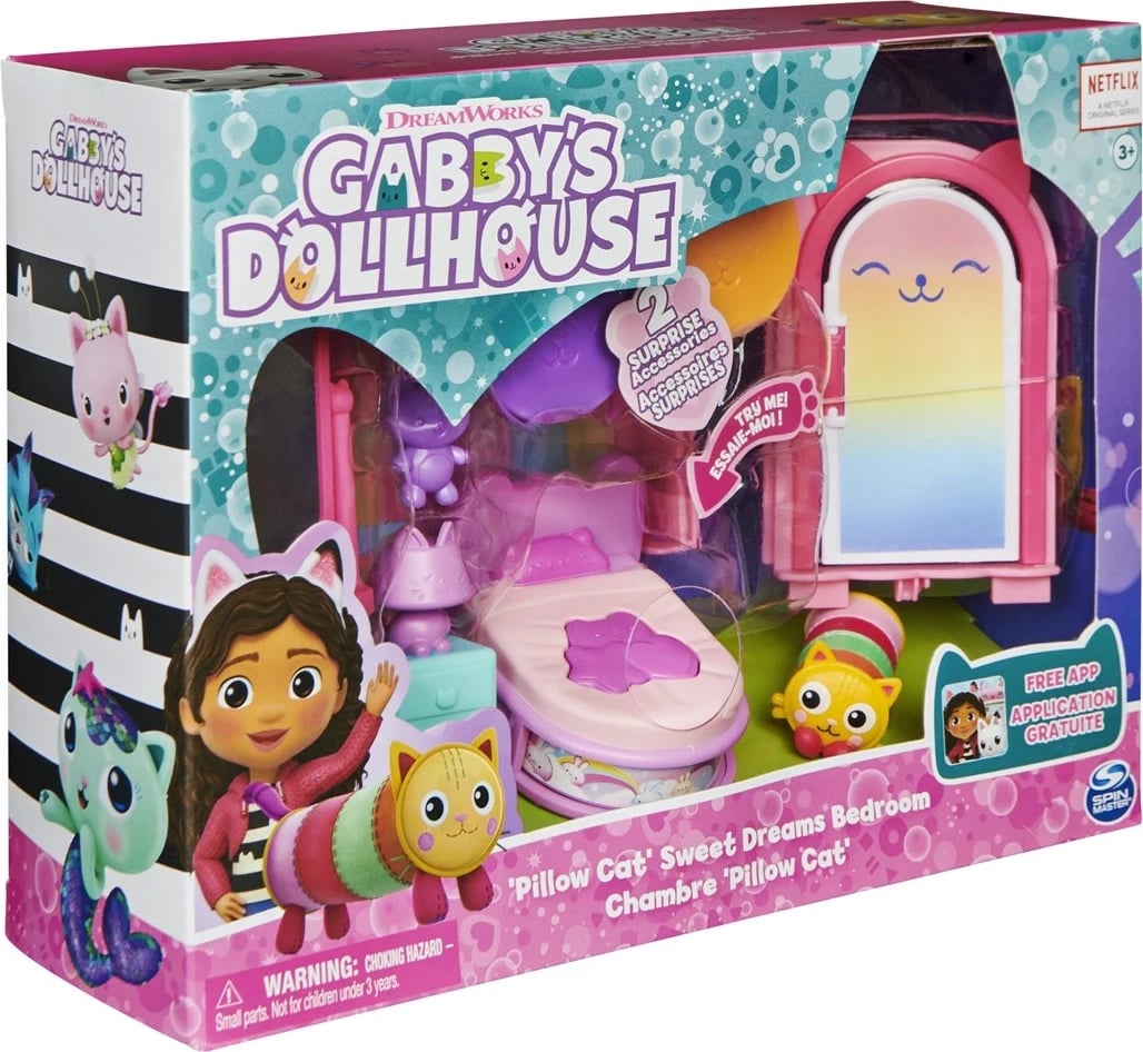 Set lodrash Gabby's Dollhouse Sweet Dreams Bedroom me figurë Pillow Cat dhe aksesorë, SPIN MASTER, shumëngjyrësh