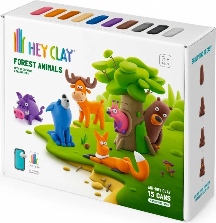 Set modelimi Hey Clay Forest Animals, Tm Toys, 15 kanaçe, me 2 vegla, shumëngjyrëshe
