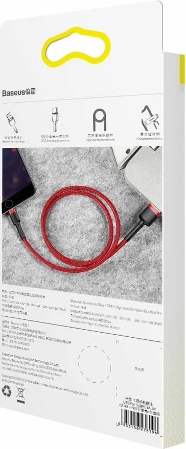 Kabllo Baseus Cafule CALKLF-A09, USB-A në Lightning, 0.5m, 2.4A, e kuqe
