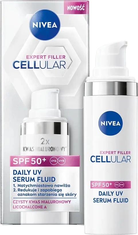 Serum për fytyrë me SPF Nivea Cellular Expert Filler SPF50+ Daily UV Serum Fluid për femra, 30ml