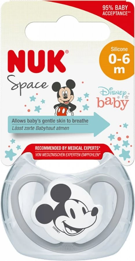 Qetësuese bebe, NUK Space Disney Mickey Mouse, 0-6 muaj, silikon, e bardhë, 1/kuti