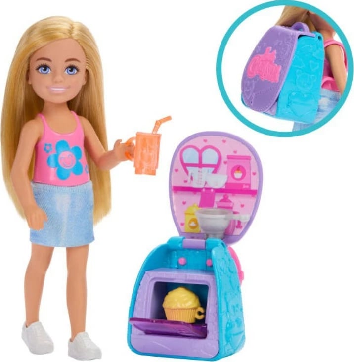 Set lodër Barbie Chelsea me çantë shpine dhe aksesorë, Mattel JBF46, për vajza