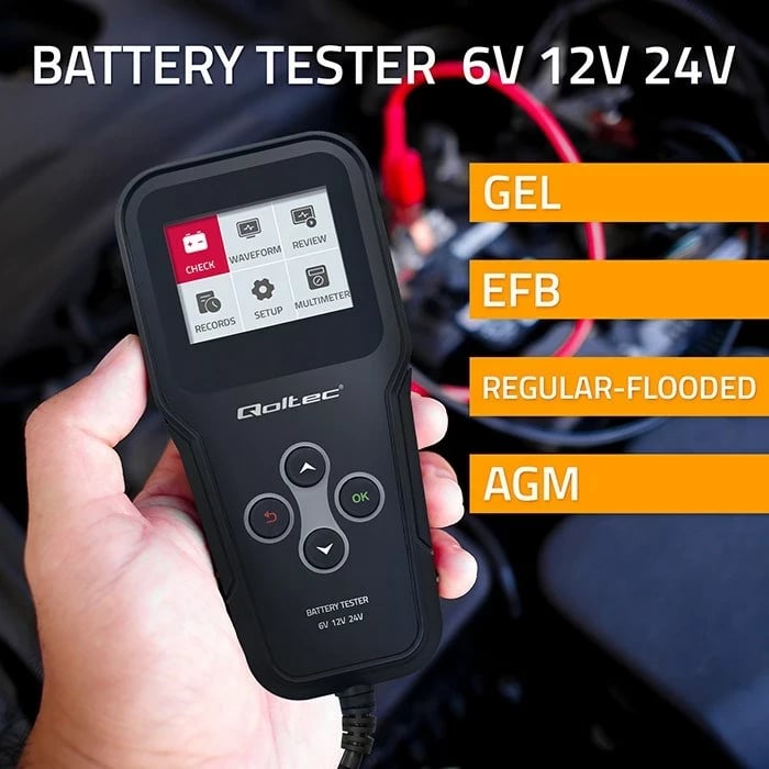 Analizues baterie Qoltec 52489, digjital, 3-në-1, LCD, 6V/12V/24V