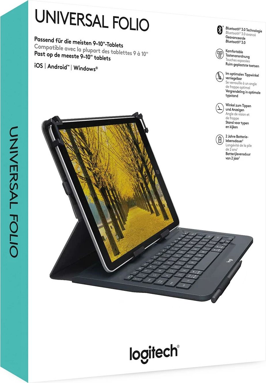 Mbështjellës me tastierë Logitech Universal Folio për tablet 9-10 inç, QWERTY, spanjisht, i zi