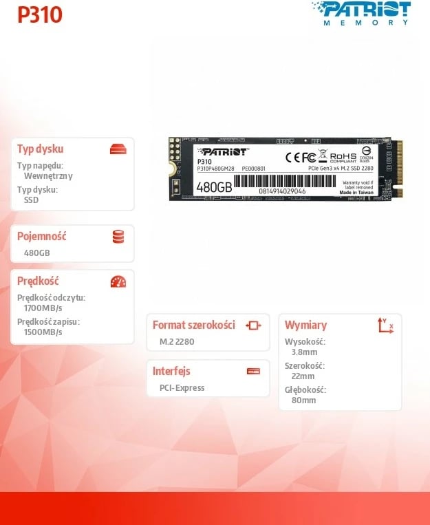 SSD Patriot P310, 480GB, M.2 2280, PCIe Gen3 x4, NVMe