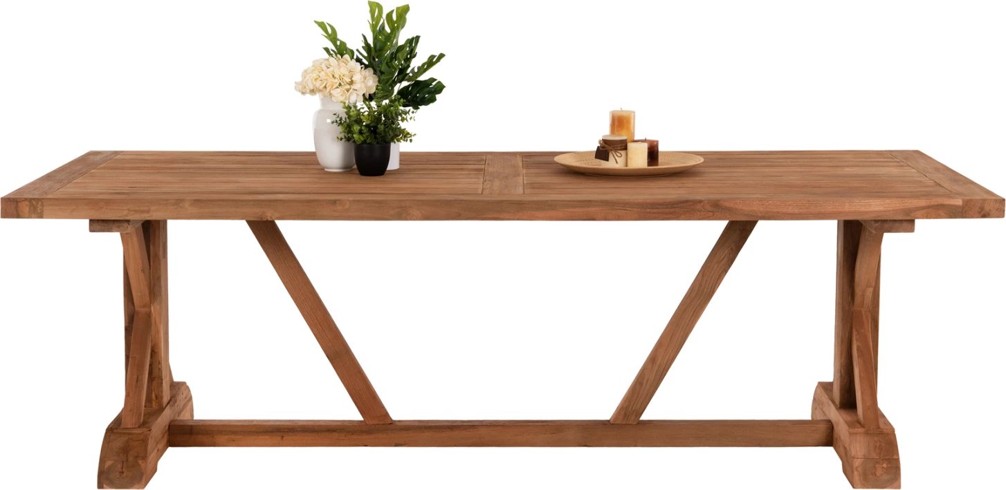 Tavolinë ngrënieje për jashtë, këmbë kryq, FH5964, dru TEAK i ricikluar, ngjyrë natyrale, 240x100x75H cm