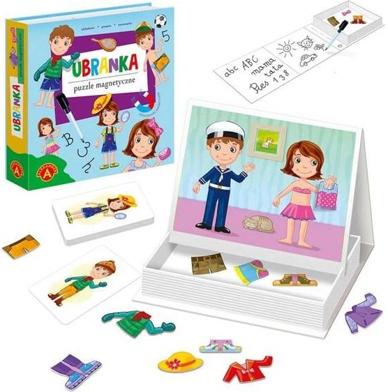Puzzle magnetik për veshje Alexander 2680 për fëmijë, 38 elemente, me pisak dhe 10 karta modelesh
