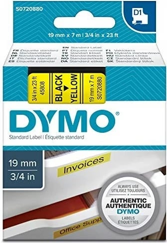 Letër ngjitëse DYMO D1 Standard, 19mm, E zezë në e verdhë