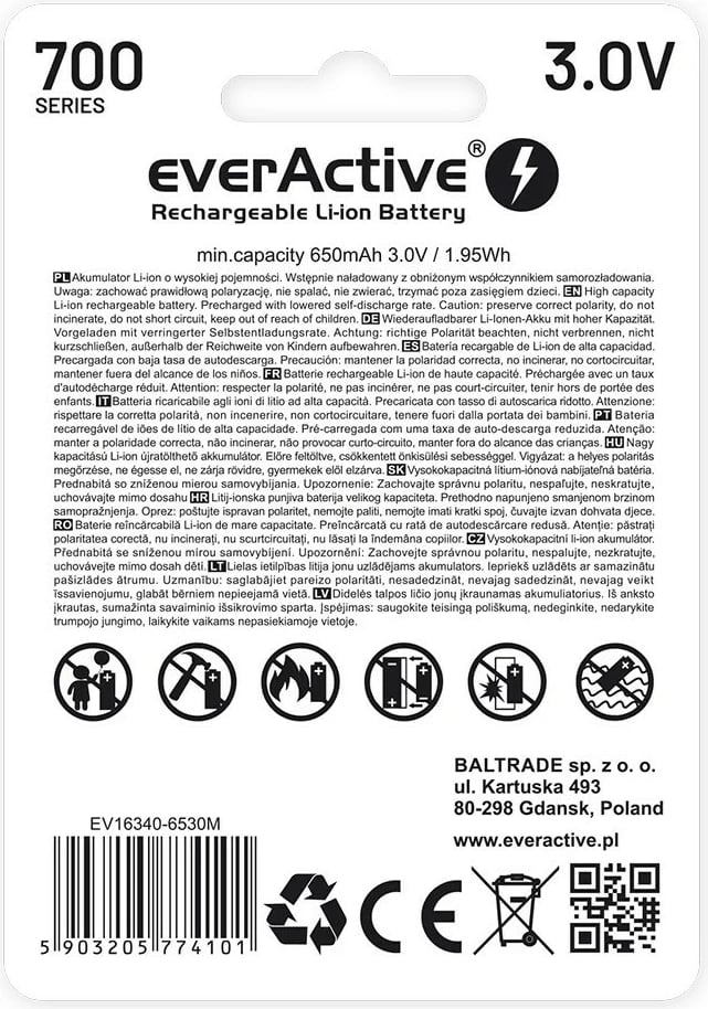 Bateri e rikarikueshme everActive 16340, 700 mAh, 3V, me Micro USB, një copë