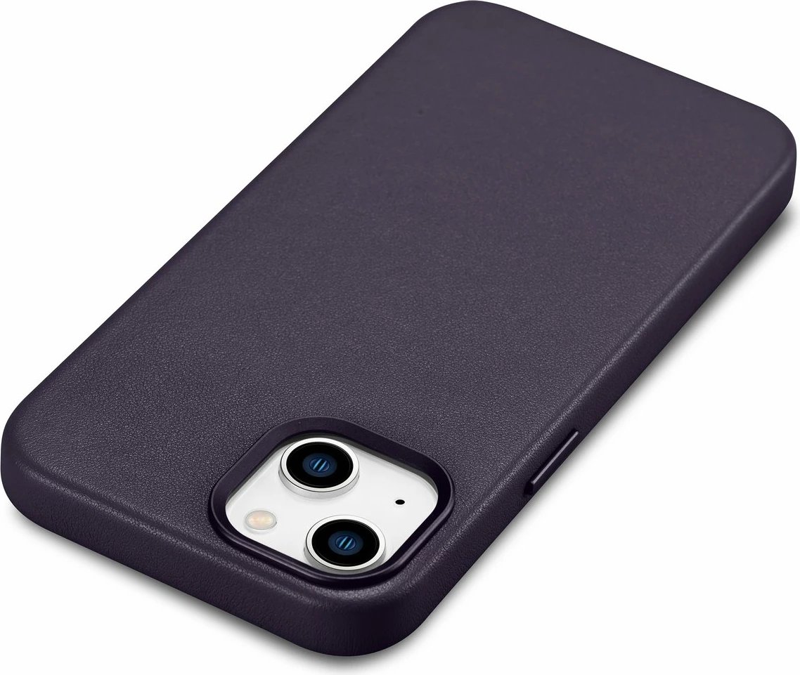 Mbështjellës iCarer për iPhone 14 Plus, lëkurë natyrale, MagSafe, Vjollcë e errët