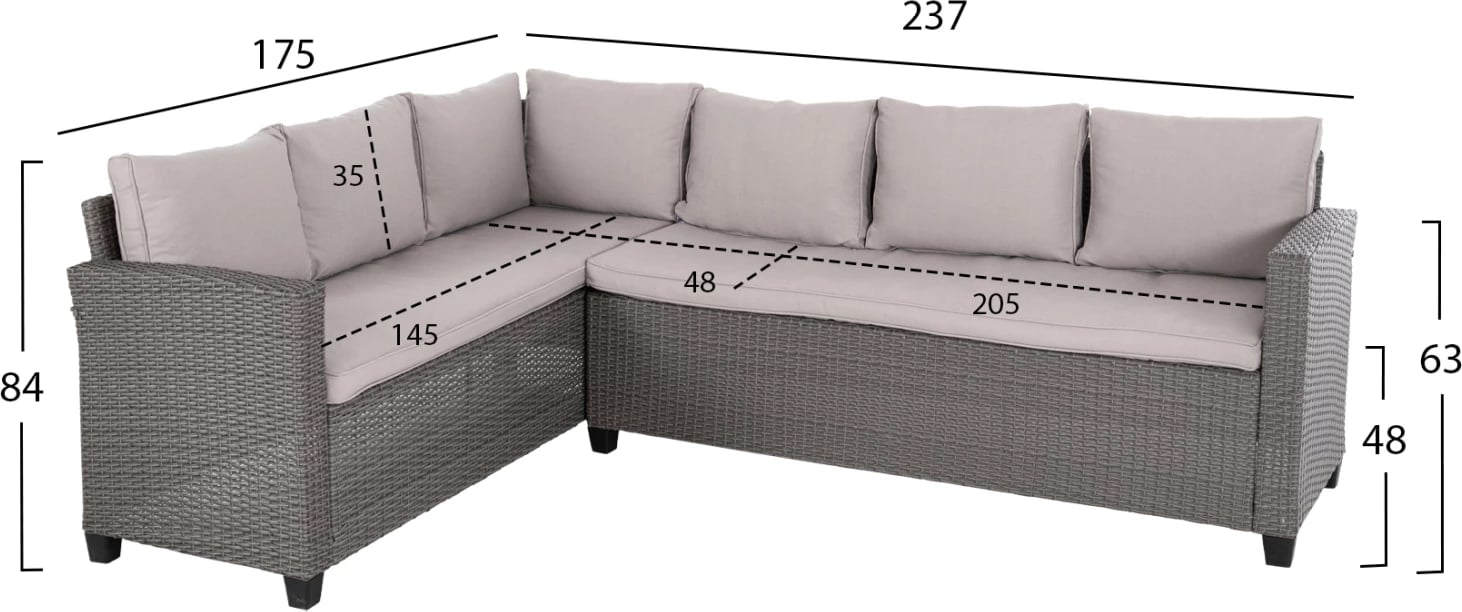 Set salloni për jashtë, kënd i djathtë, Carson, FH6078.01, ratan sintetik gri, jastëkë, dru PS