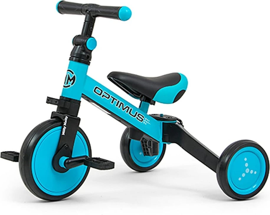 tricikel 3‑në‑1 fëmijë, Milly Mally Optimus, kornizë çeliku, rrota shkumë, sedilje e rregullueshme, deri 25 kg, blu