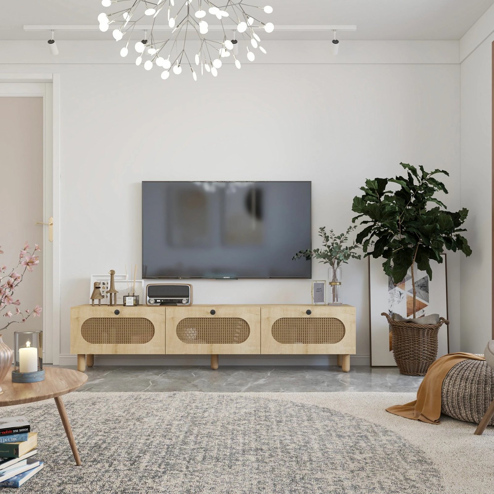 Komodë TV Elena, ngjyrë lis safir, ratan, Skye Decor