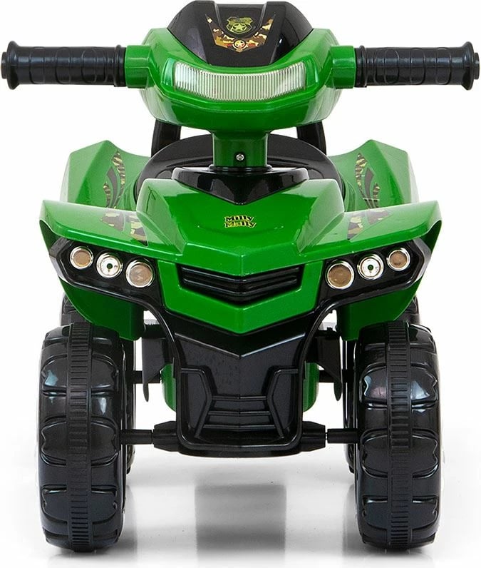 Katër-rrotësh lodër për fëmijë Milly Mally Monster Military me timon interaktiv dhe tinguj, nga 12m+, ngarkesë 25 kg, jeshile
