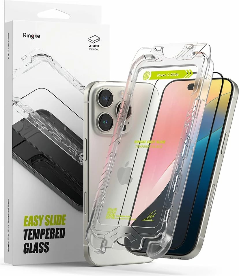 Xham mbrojtës për ekran, Ringke Easy Slide, për iPhone 16 Pro, 2-pack, Kornizë e zezë