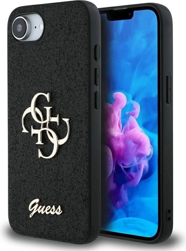 Mbështjellës Guess Fixed Glitter Big 4G për iPhone 16e, i zi