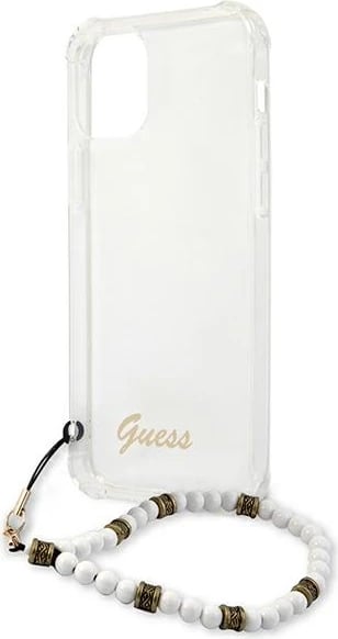 Mbështjellës Guess GUHCP12MKPSWH për iPhone 12/12 Pro 6.1", transparent me varëse perlë