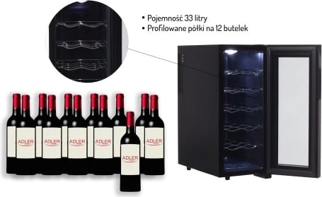 Frigorifer pije, Adler AD 8083, 33 L, 12 shishe, termolektrik 12–18°C, panel me prekje, i zi